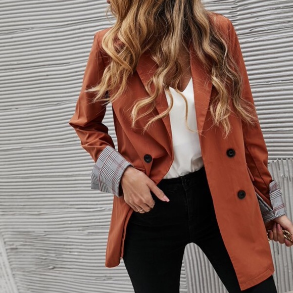 Classic Army Green Plaid Cuff Button Blazer Work - Picture 7 of 10